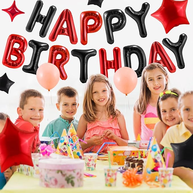 CANREVEL Happy Birthday Banner 13pcs 16 Inch Mylar Foil Letters Sign Balloons Birthday Party Decorations for Kids and Adults - 3D Black Red