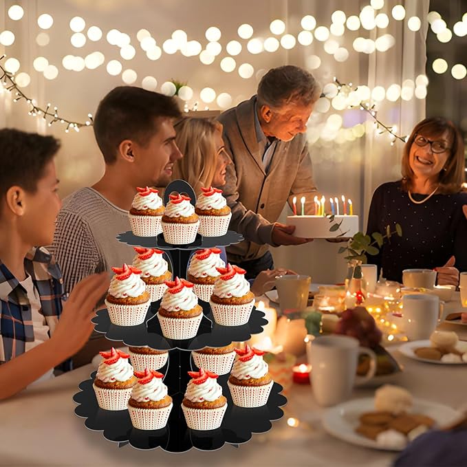3-Tier Cupcake Stand Tower 2-Pack, Black Cardboard Dessert Display Holder for Weddings Birthdays Baby Showers Graduations, Easy Assembly Heart Handle - Perfect One-Time Events