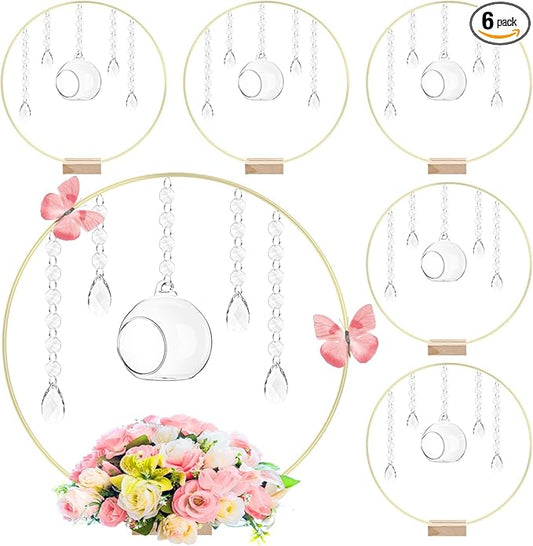 Leinuosen 6 Pack 12'' Metal Floral Hoop Centerpieces Set with Wooden Stand, Hanging Candle Holder, Acrylic Crystal Pendant Garland Crystal Garland String, for DIY Wedding Party Tabletop Decoration