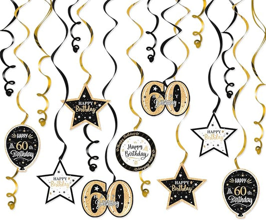 Happy 60th Birthday Black & Gold Glitter Swirls Streamers Party Decorations - 15 Pcs 60th Birthday Hanging Swirls Streamers Kit,Cheers to Sixty Years Old Bday Party Sign.