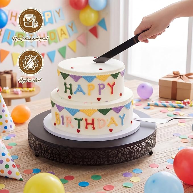 Wenqik 16 Inch Black Cake Stand Set Metal Round Cupcake Dessert Stand with Cake Cutting, Spatula Wedding Cupcake Pastry Display Candy Holder Display for Wedding Party Birthday Baby Shower(Classic)