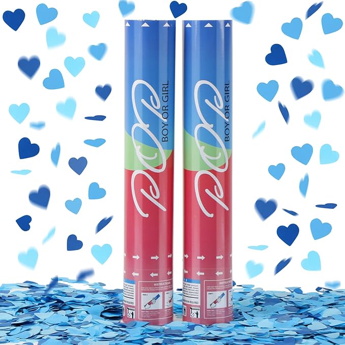 Gender Reveal Confetti Poppers, Blue Confetti Cannon 2 Pack with Heart Shaped Party Confetti for Baby Shower, Birthday, Gender Reveal Party Supplies - 12 inch