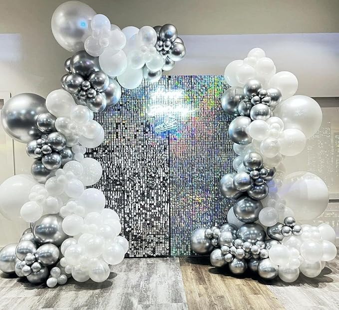 153Pcs White and Silver Balloons Garland Arch Kit with Stars - 22 18 12 10 5 inch Different Size White Metallic Silver Confetti Latex Balloon for Birthday Baby Shower Wedding Party Decorations