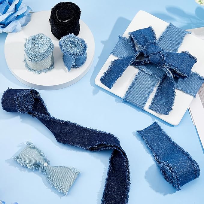 SUPERFINDINGS 5 Rolls 9.3 Yards Denim Blue Ribbon Fringes 4cm Wide Fabric Ribbon Wrapping Frayed Cotton Jean Fabric for Gifts Wrapping Hair Sewing Weddding Decor