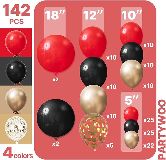PartyWoo Red Black and Gold Balloon Arch Kit Garland 142pcs Different Sizes of 18 12 10 5 Inch Matte Black Red Metallic Gold Confetti Balloons for New Year's Eve Graduation Birthday Party Decorations