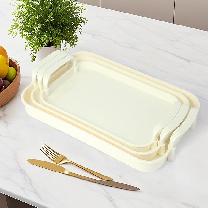 3 Pack Serving Tray with Handles, Stackable Reusable Trays for Serving Food, Plastic Serving Platters for Party, Charcuterie, Fruit, Appetizer, Solid Cream