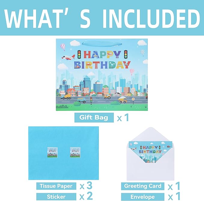 Qirrmiy 13'' Large Birthday Gift Bag Set with Handles, Greeting Card, Tissue Papers and Stickers for Boys', Girls', Kids' Party, Baby, Newborn, Birthday Design, 1 Pcs
