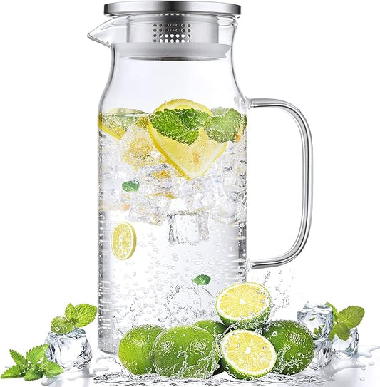 Bivvclaz 1.2 Liter 40 oz Small Glass Pitcher with Lid and Handle, Glass Carafe for Hot/Cold Water, Iced Tea Jug for Coffee, Juice and Homemade Beverage