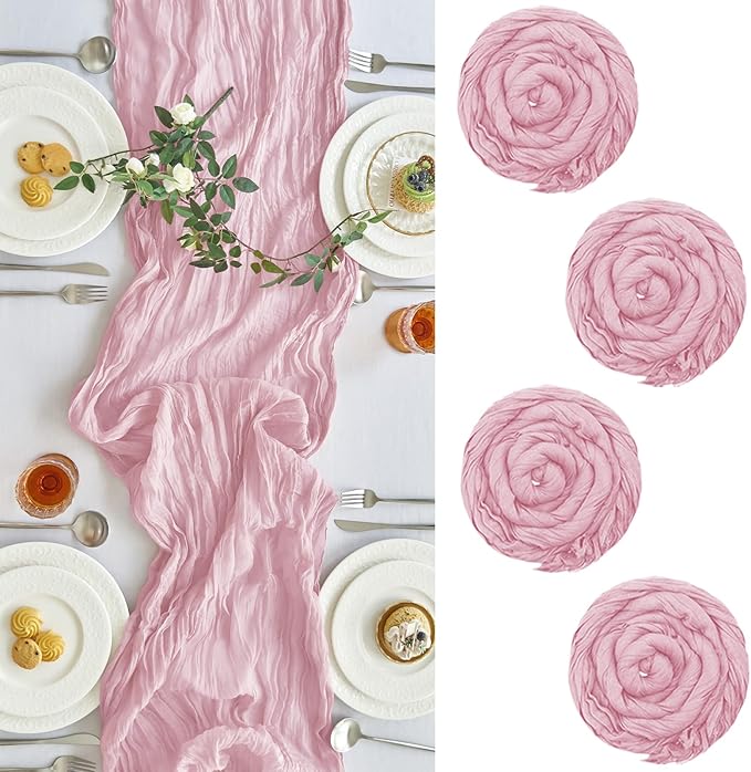 IVAPUPU 4 Pcs Cheesecloth Table Runner - 10ft Pink Spring Boho Gauze Cheese Cloth Table Runners for Baby Shower Decorations Wedding Party Summer Garden Farmhouse Decor