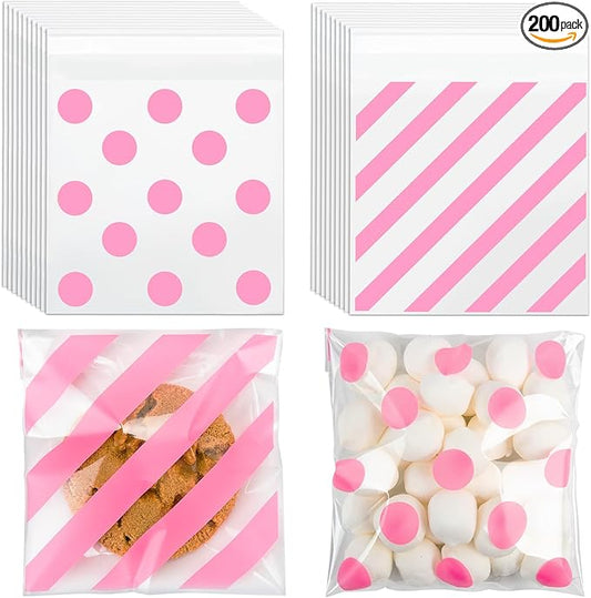 200pcs Cellophane Bags 5.5x5.5 Self Sealing Cookie Bags for Packaging Treat Gift Giving Packaging Valentines Birthday Party Favor Candy Goodie Homemade Bakery Pink