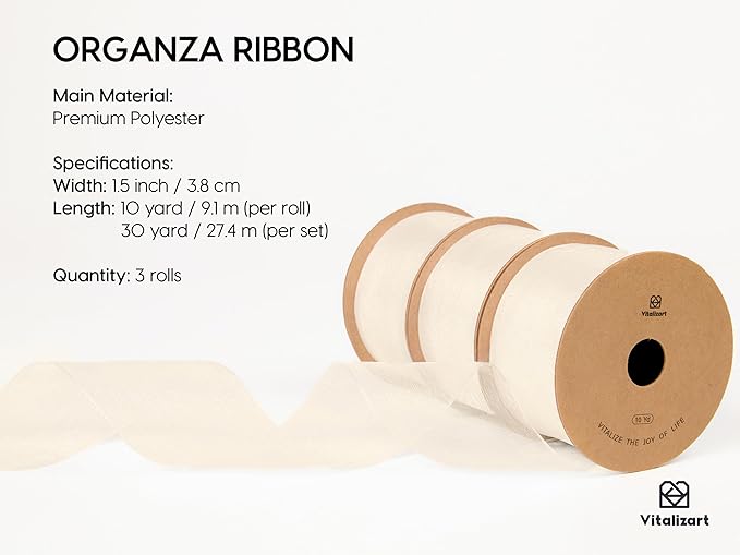 Vitalizart Organza Ribbon 1.5" x 30 Yd Cream White Sheer Ribbons for Gift Wrapping Crafts Christmas Party Decor Bows Wedding Invitations Wreaths Bouquet