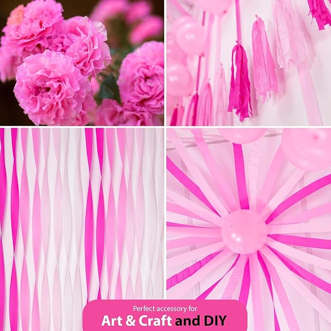 12 Pink Streamers, 984ft Pack of Pink Crepe Paper Rolls for Decorations, Birthday Streamer, Party Streamers for Bachelorette Decorations (1.8 inch x 82 ft/Roll)