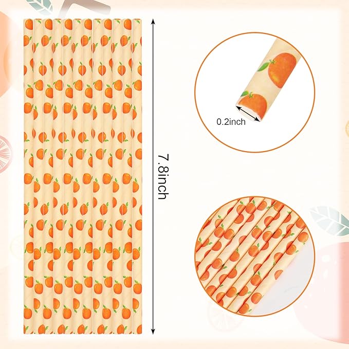 Whaline 200Pcs Orange Paper Straws Little Cutie Drinking Straw Orange Fruit Disposable Straw for Baby Shower Summer Party Supplies
