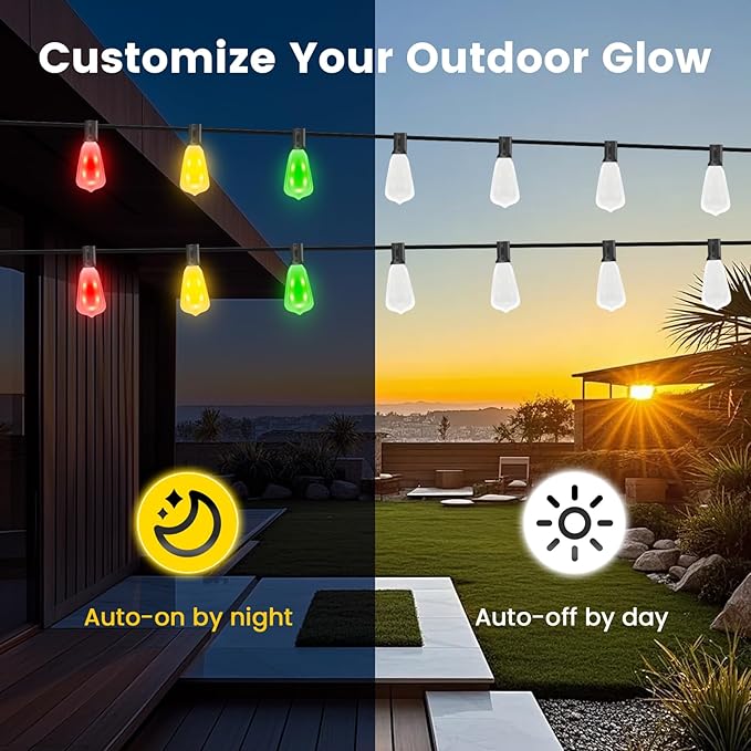 Auroraworld 60FT Outdoor String Lights with 30 LED Bulbs. Dimmable, RGB Color-Changing Patio Lights Feature Remote Control, Shatterproof & Waterproof Perfect for Yards, gazebos, Parties, Weddings