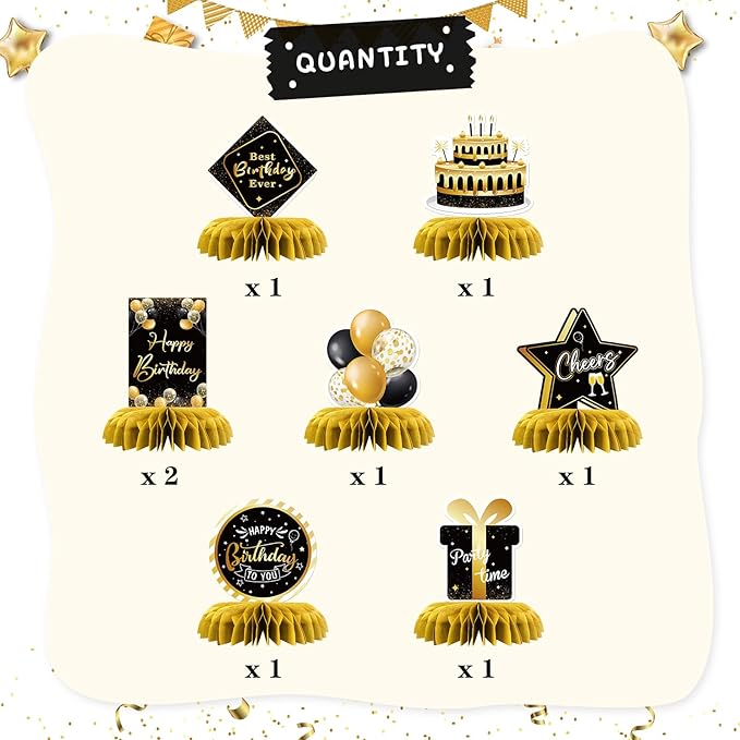 Happy Birthday Table Honeycomb Centerpieces Set, Anniversary Birthday Gifts Table Topper Centerpieces Adults Children Teenager Birthday Party Table Decorations Set of 8 (Gold)