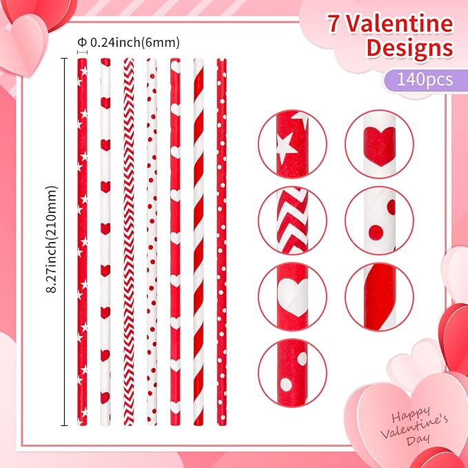 [140 Pack] PakTalk Valentine Straws, 7 Assorted Red and White Straws Red White Striped Dot Wave Star Paper Straws Disposable for Valentines, Wedding, New Year, Christmas, Party (0.24''*8.27'')