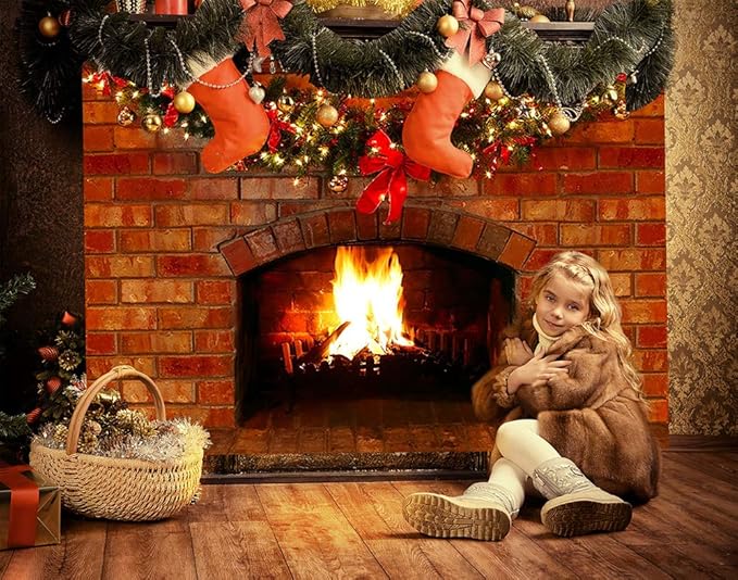 Mocsicka Christmas Fireplace Photography Backdrop Red Brick Fireplace Background for Xmas Eve Home Decor Xmas Family Party Selfie Photo Props (7x5ft)