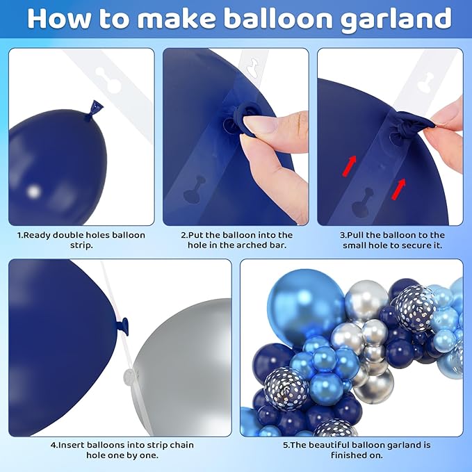Amandir 153pcs Blue and Silver Balloon Garland Arch Kit, Different Sizes 18 12 10 5 inch Royal Navy Blue Latex Metallic Confetti Balloons for Graduation Wedding Shower Birthday Party Decorations