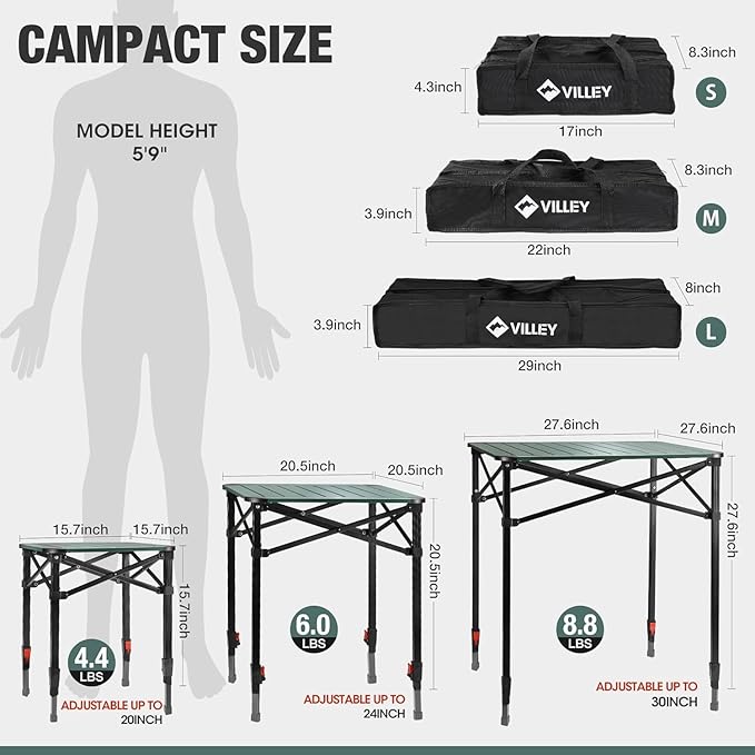 VILLEY Folding Camping Square Table with Carry Bag, Lightweight Aluminum Adjustable Square Table for Outdoor, Camping, Picnic, Backyards, BBQ, Large