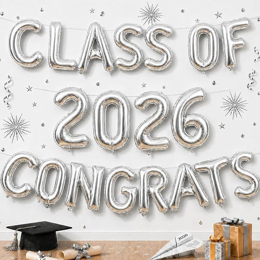 Silver Class of 2026 Congrats Balloons, 2026 Graduation Decorations 16inch Congrats Grad Foil Balloons Banner Sign for Class of 2026 College High School Graduation Prom Party Backdrop Supplies