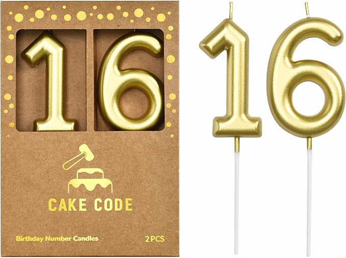 2.76 Inch Classical Gold 16 Number Birthday Candles, Gold Number Candles, Cake Number Candles, Party Celebration