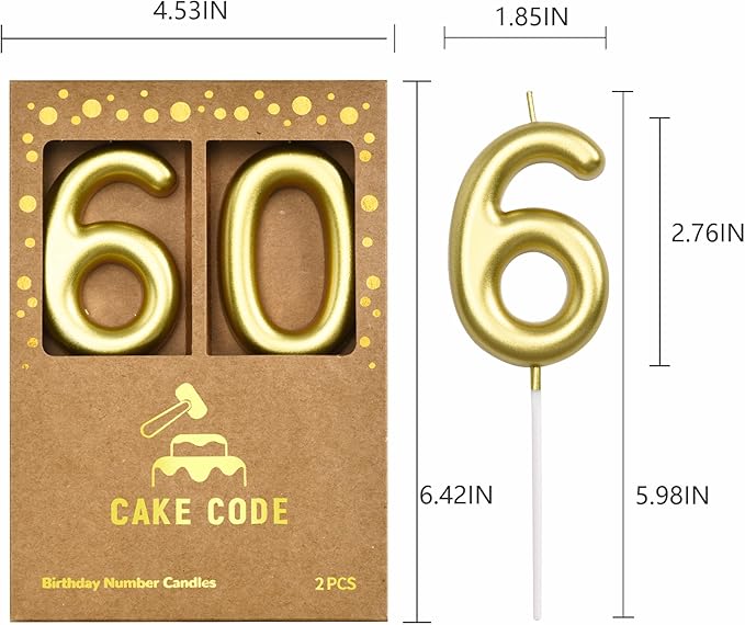 2.76 Inch Classical Gold 60 Number Birthday Candles, Gold Number Candles, Cake Number Candles, Party Celebration