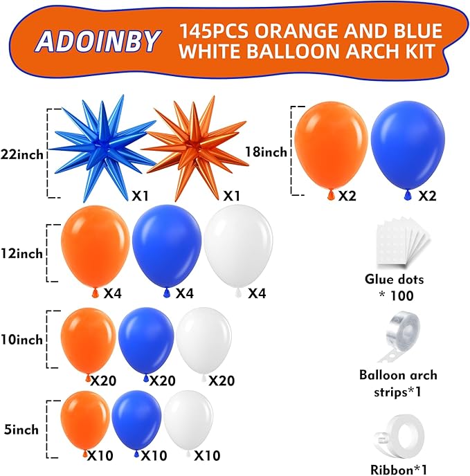 Blue and Orange White Balloon Arch Kit, 145Pcs Royal Blue Orange WhiteBalloon Garland kit, Different Size Balloons for Girl Birthday Anniversary Baby Shower Graduation Prom Party Decorations