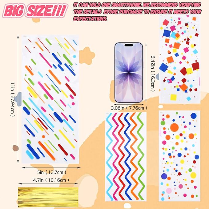100 Pcs Rainbow Cellophane Bags 5 X 11 Inch Plastic Candy Gift Bag with Twist Ties for Valentine's Day and Birthday Favors Gift Cookie Weddings Packing Party Favor Supplies