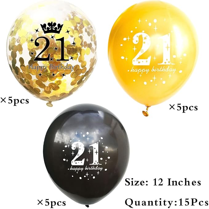 SHUNTAI 21st Birthday Balloons Black and Gold 21st Birthday Decorations for Him Her Latex Gold Confetti Balloon 21 Years Old Theme Happy Birthday Party Supplies 15 Pack 12 Inch