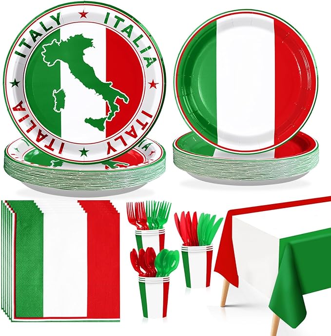 170Pcs Italian Flag Birthday Party Supplies Italy Flag Plates and Napkins Cups Forks Tablecloth Red White Green Tableware Set for Pizza Holiday Family Gathering Dinner Party Decorations Serves 24 ﻿