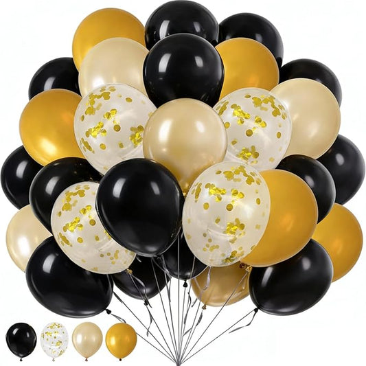 60Pcs Black Gold Balloons, 12inch Black Orange Gold Confetti Balloons for Graduation Anniversary New Year Birthday Party Decorations