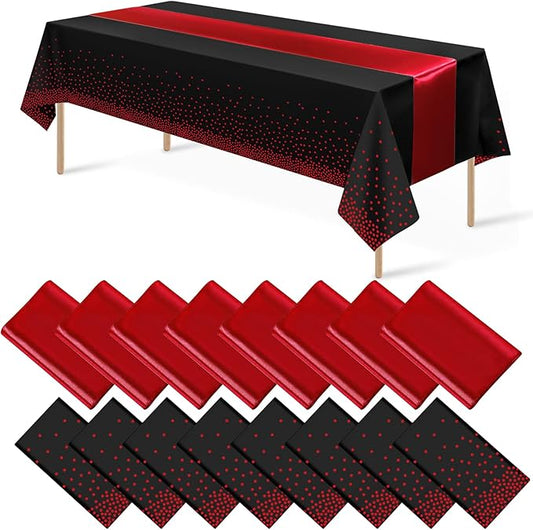 16Pack Disposable Plastic Party Tablecloths and Satin Table Runner Set Black and Red Dot Table Cloth Red Satin Table Runner for Wedding Birthday Baby Shower Anniversary Holiday Party Decorations