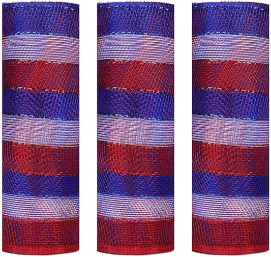 3 Rolls Red White Blue Stripe Deco Mesh Ribbon for Patriotic Wreath Making Supplies, 10 Inch x 30FT Metallic Foil Burlap Deco Mesh Fabric for DIY Crafts Door Wreath Swags and Decorating
