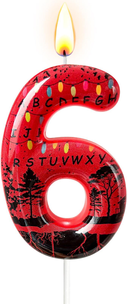 Red Number 6 Birthday Candle for Cake – Dark Horror Style with Alphabet Print & Shadow Design – Unique Cake Topper for Birthday, Anniversary, Themed Party Decoration
