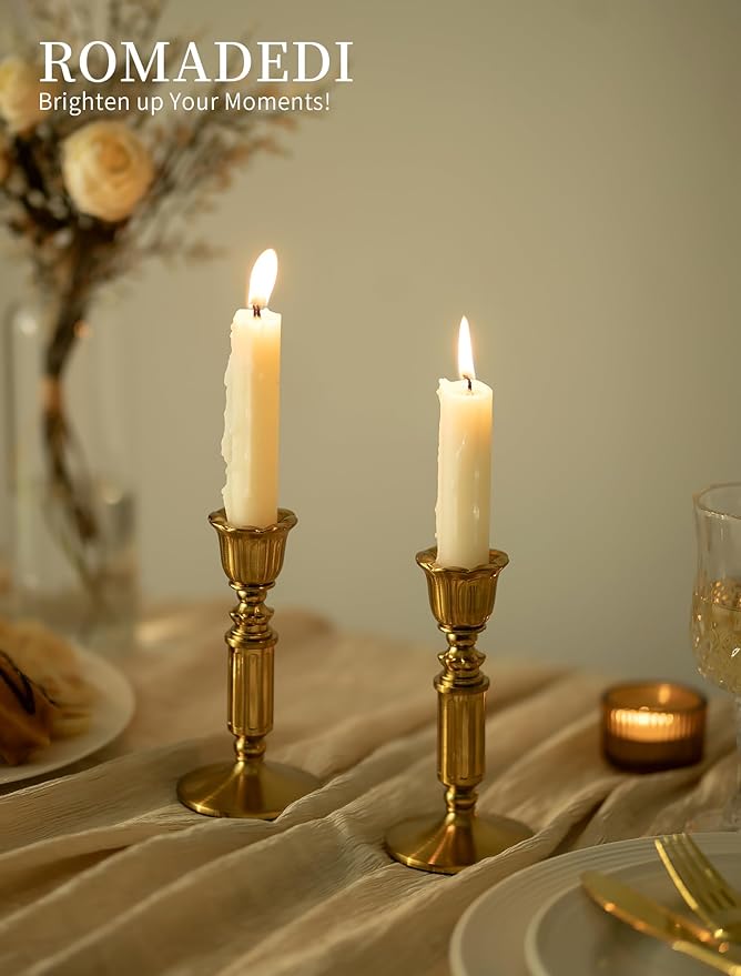 Gold Candle Holders Vintage Decor - Romadedi Solid Brass Candlestick Taper Holder for Wedding Christmas Table Centerpiece Mantel Home Decoration 5.5 Inch Set of 2