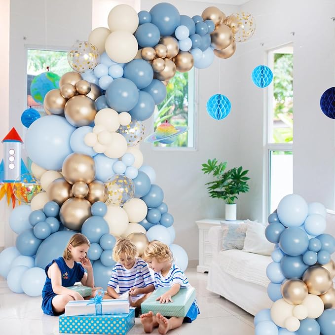 DBKL Dusty Baby Blue Balloon Arch Garland Kit, Different Sizes 18 12 10 5 inch Pastel Baby Blue Slate Fog Ivory White Metallic Gold Balloons for Men Boy Baby Shower Birthday Wedding Party Supplies