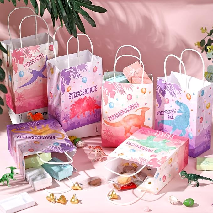 Pajean 24 Pcs Dinosaur Candy Bags with Handle, Dinosaur Party Favor Paper Bags Kids Gifts Goodie Treat Wrapping for Boys Girls Dino Theme Birthday Baby Shower Party Supplies(Dino Girl)
