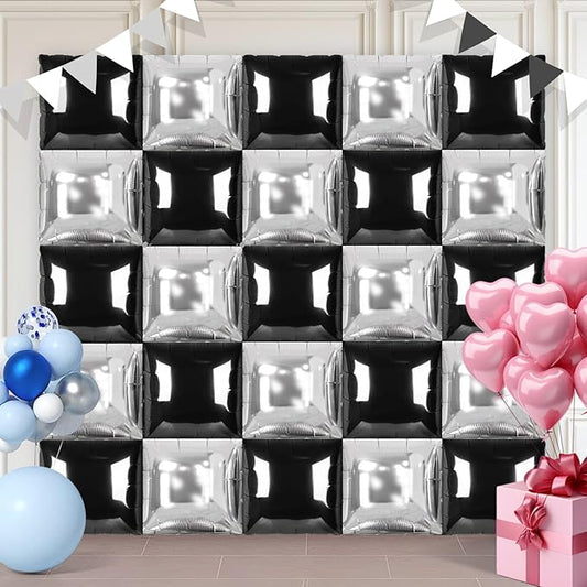 Black and Silver Square Foil Balloons 25 Pcs Metallic Black and Silver Balloons Wall Backdrop for New Year Graduation Birthday Bridal Shower Party Arch Backdrop Decorations