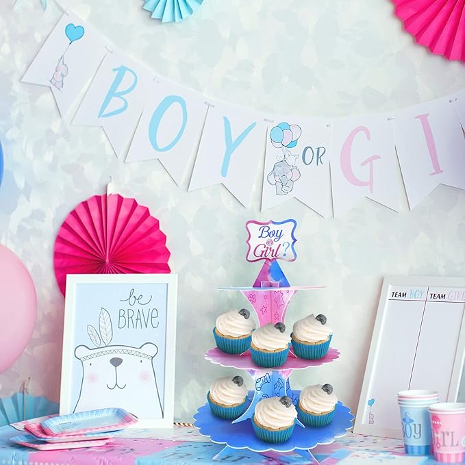 Gender Reveal Cupcake Stand Gender Reveal Party Favors Blue and Pink 3 Tier Cardboard Cake Stand for Party Decorations