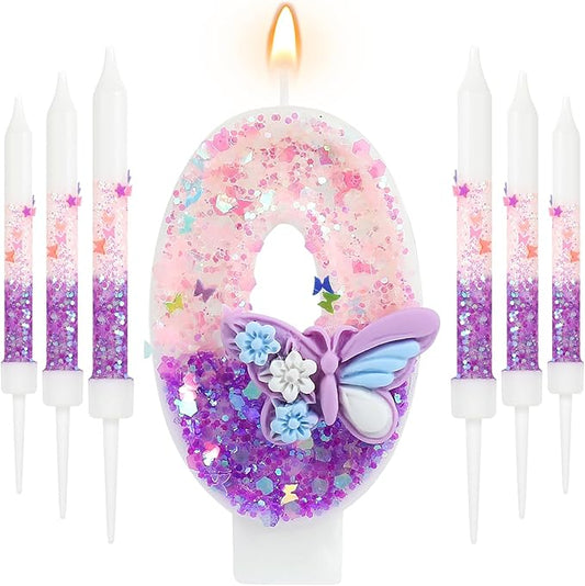AKURIEEY Butterfly Birthday Candle Purple Number 0 Candle with 6 Pcs Long Candles for Girls Cake Topper Cupcake Decor Party Decoration Anniversary Celebrations Supplies