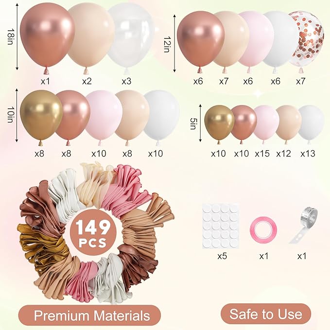 Ouddy Party 149Pcs Rose Gold Balloon Arch Garland Kit Different Sizes 18 12 10 5Inch, 6Pcs 18” Clear Nude Pink White Metallic Confetti Balloons for Wedding Baby Shower Girl Birthday Party Decorations