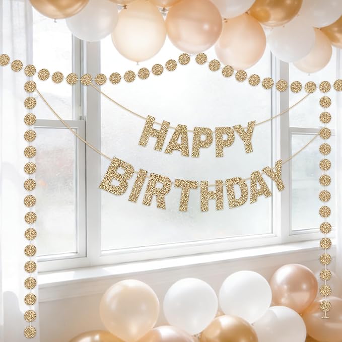 GCQQ Champagne Gold Happy Birthday Banner - Pre-Strung Glitter Gold 3M Pre-Strung Letter Banners + 2.5M Dot Garland Birthday Party Decorations for Women, Bridal Shower, Baby Shower & Anniversary