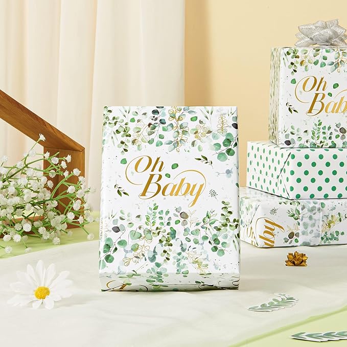 WERNNSAI Green Sage Wrapping Paper - 1 Roll 17”x 33 ft Baby Shower Wrapping Paper Green Flower Gift Packing Supply Wedding Bridal Shower Wrap Decor Favor for Baby Girls Birthday Festival Party