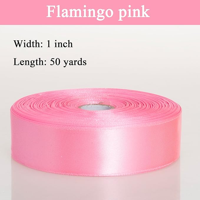 YASEO 1 Inch Flamingo Pink Solid Satin Ribbon, 50 Yards Craft Fabric Ribbon for Gift Wrapping Floral Bouquets Wedding Party Decoration