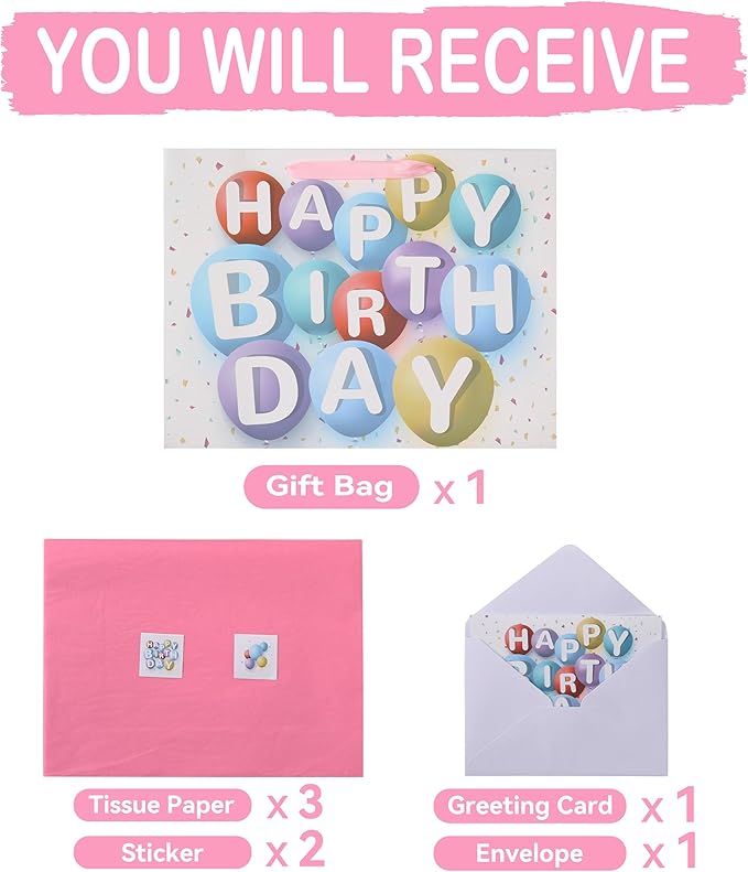 wishinside 16.5” Extra Large Happy Birthday Gift Bag Set with Handles, Greeting Card, Pink Tissue Papers and Stickers for Girls Kids Women, Colorful Balloon Design, 1 Pcs
