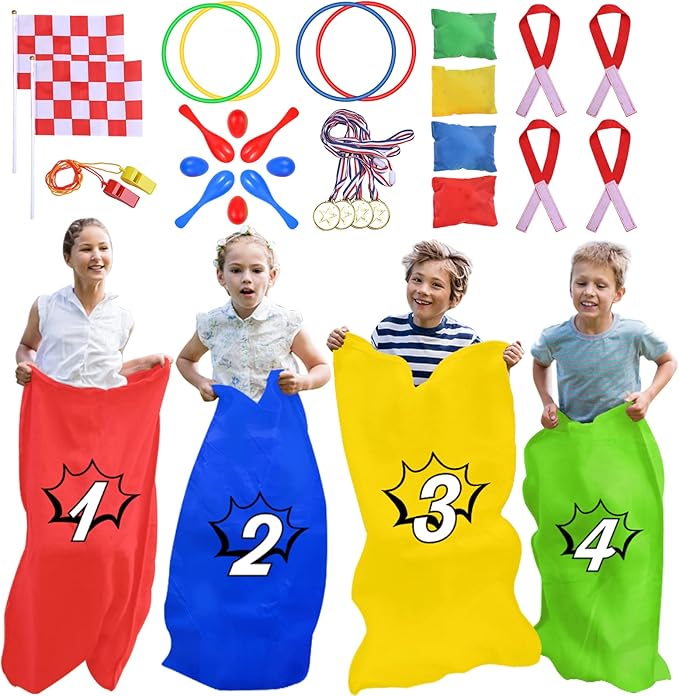 GOLDGE 28 Piece Outdoor Games Kit for Kids - Includes Big Potato Sack Race Bags, Bean Bag Toss, 3 Legged Race Bands, Egg Spoon Relay, for Easter, Christmas & Birthday Parties in The Yard & Lawn