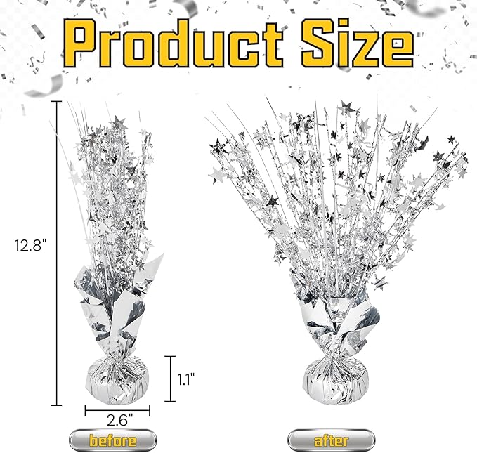 ZOOFOX 12 Pack Metallic Foil Spray Centerpiece, Glitter Silver Star Table Decoration, Burst Table Centerpieces for Birthday Wedding Anniversary Christmas Party Supplies Decor, Freestanding