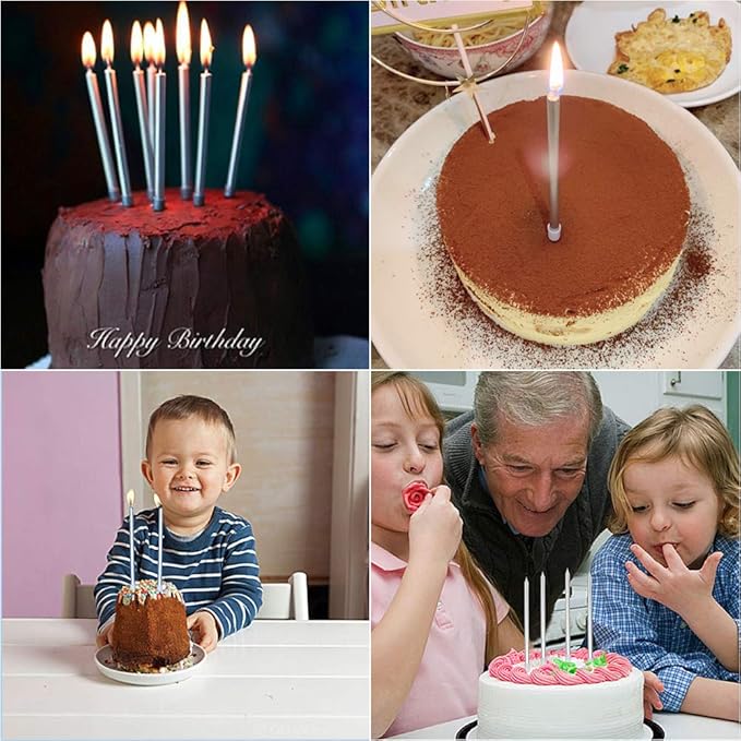 12 Count Long Thin Champagne Silver Birthday Cake Candles in Holders for Birthday Wedding Party Cupcake Decorations Tall Candle 12 Pieces