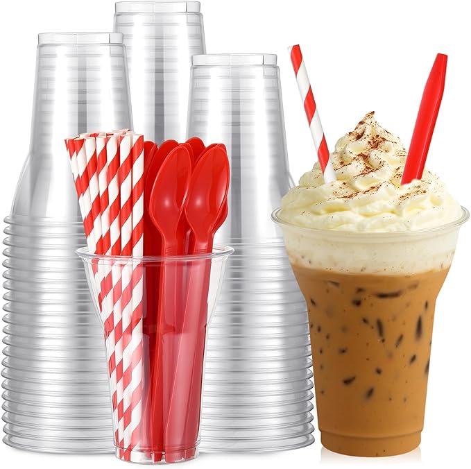 Baderke 100 Sets Plastic Parfait Cups with Red Plastic Soda Spoons and Paper Straws Disposable Root Beer Float Cups Clear Milkshake Mugs for Ice Cream Sundae Yogurt Party Drinks (12oz)