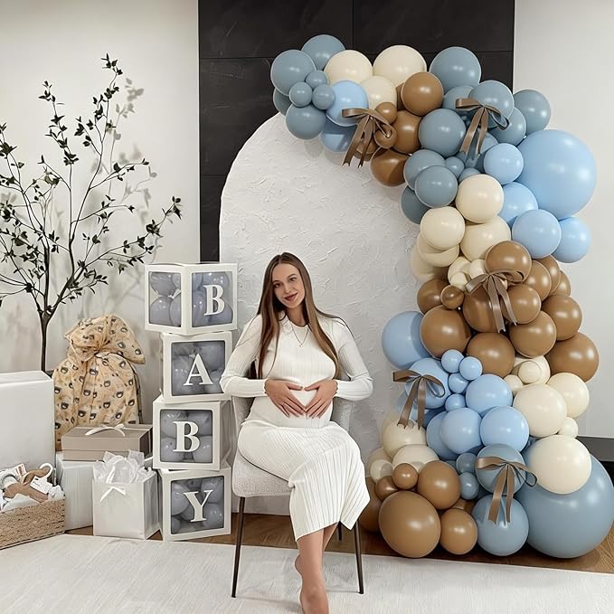 Dusty Blue and Brown Balloon Arch Kit, 151Pcs Bear Baby Shower Decorations Macaron Blue Brown Balloons with Bows for Gender Reveal Baby Shower Birthday Decorations